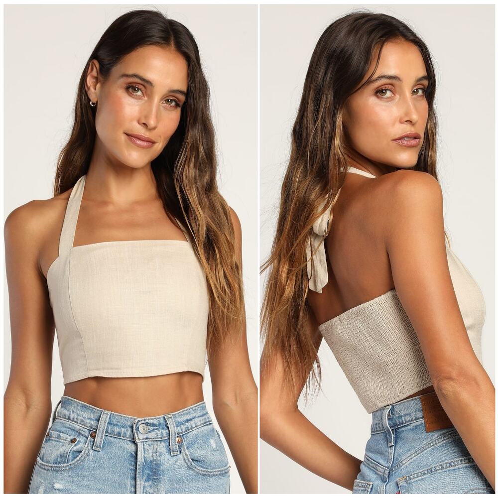 LULUs -NWOT- Double Digits Beige Linen Halter Crop Top | Small